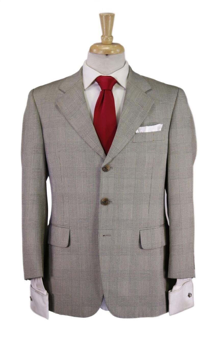 Paul Stuart Olive Green Tan Plaid Wool Silk 3-Btn Suit 38S